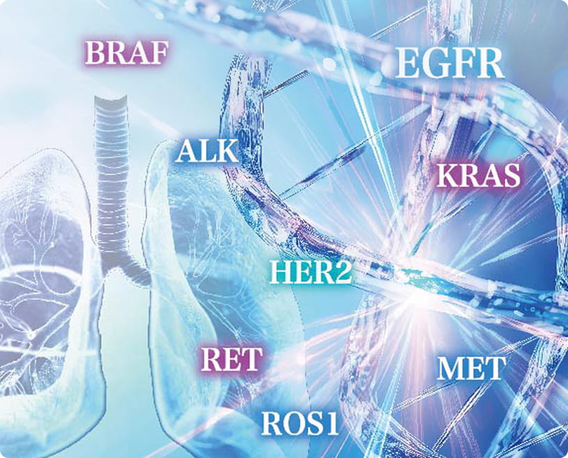 背景にDNAの二重らせん構造と肺のイラストが描かれた、医学・遺伝子関連のビジュアル