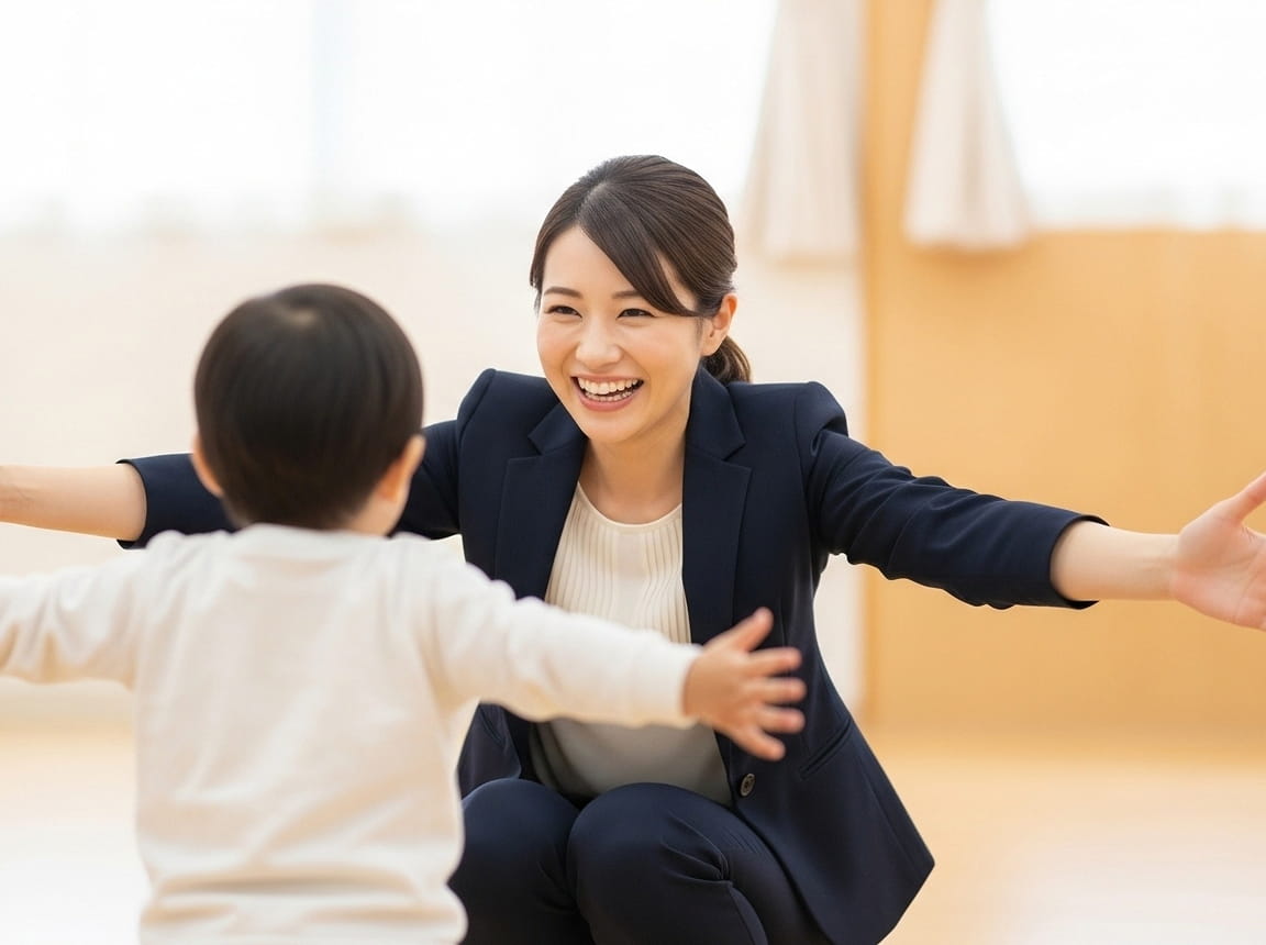 スーツ姿の女性が両手を広げて子どもを迎える育児と仕事を両立するイメージ写真
