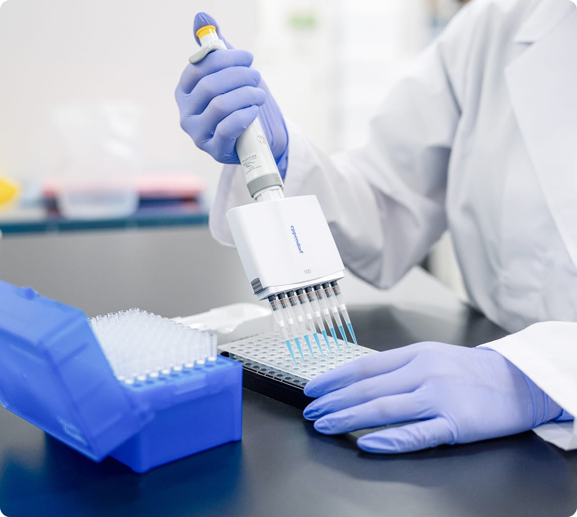 白衣と青い手袋を着用した研究者が、マルチチャンネルピペットでプレートに液体を分注している