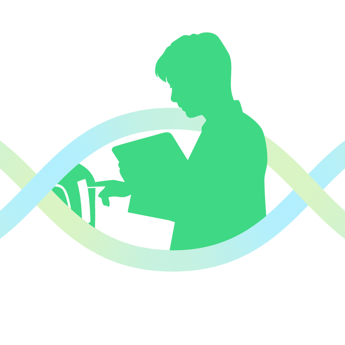 タブレットを持ち検体分析を行う男性研究者のシルエットイラスト